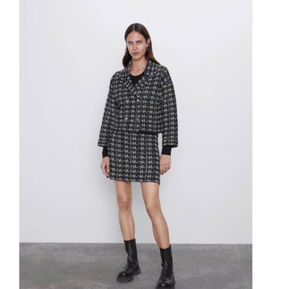 ZARA Chunky Knit Plaid Jacket Jewel Button Double Breasted Blazer Black White - Picture 16 of 16